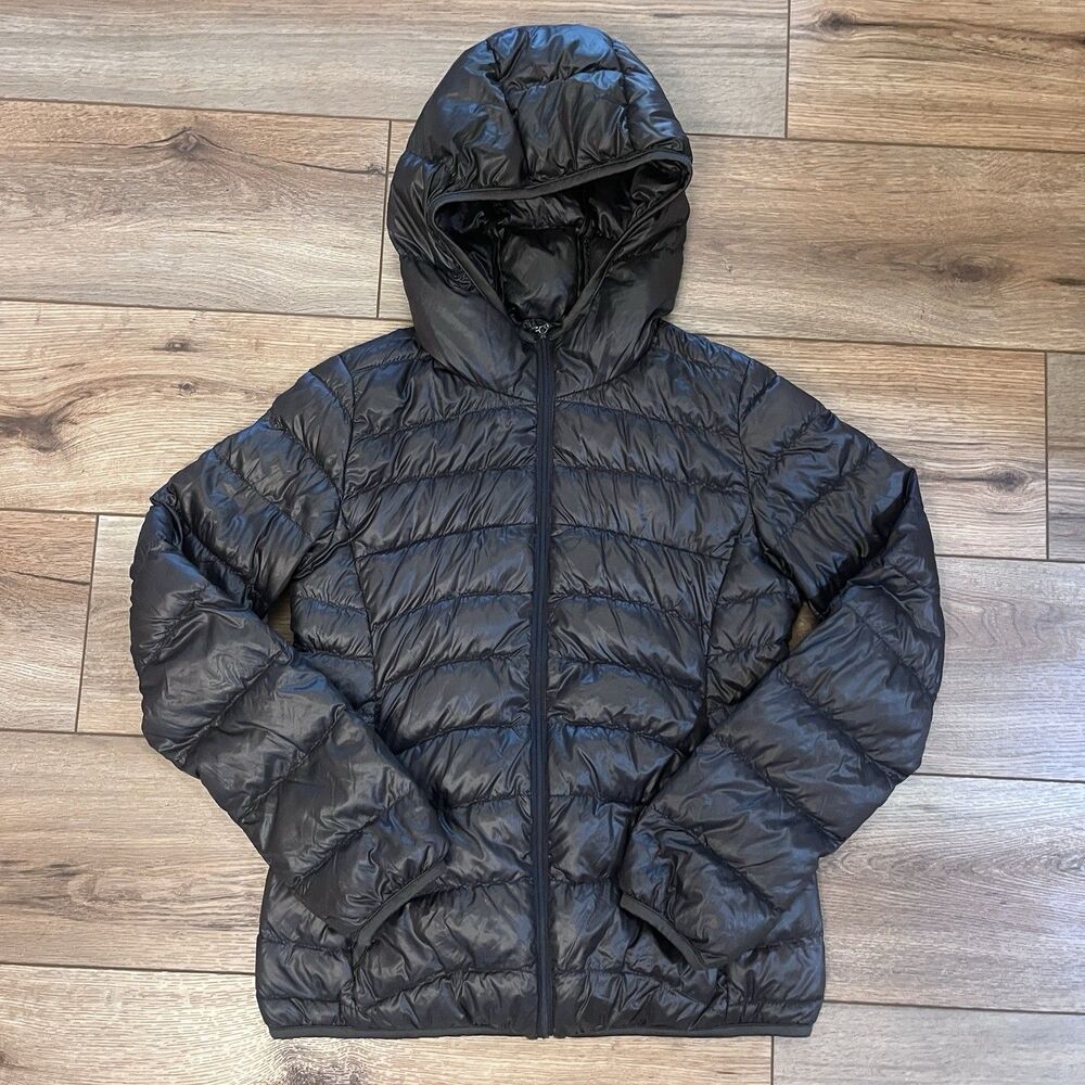 Uniqlo Ultra Light Down Puffer Jacket Coat Women's Small Packable Zip Shiny Gray